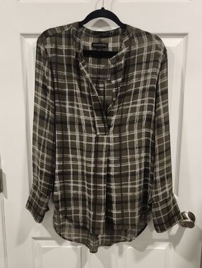 Banana Republic Olive and White Plaid Split-Neck Top